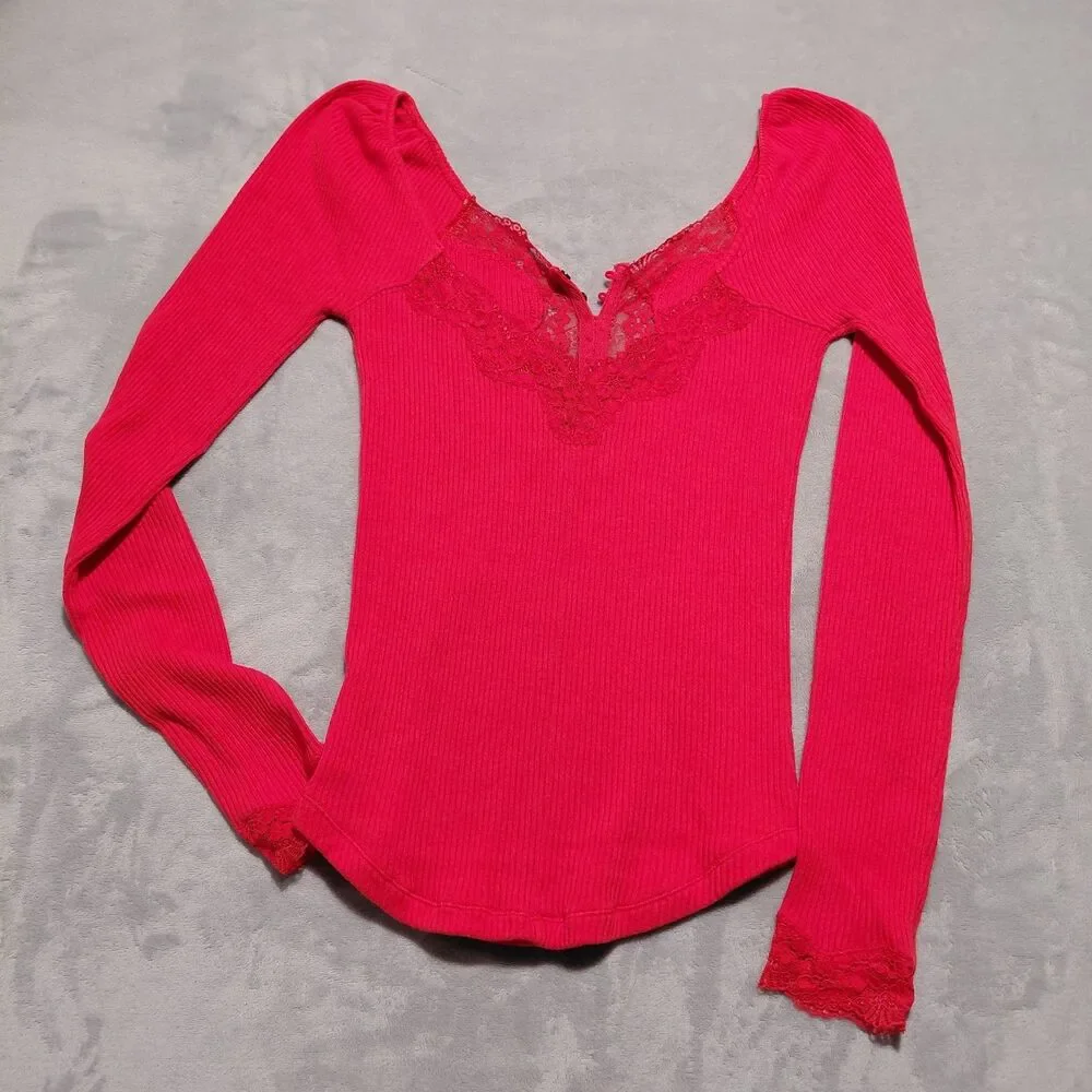 Y2K Free People To The West Red Ribbed Lace Trim Button Henley Long Sleeve Sz S